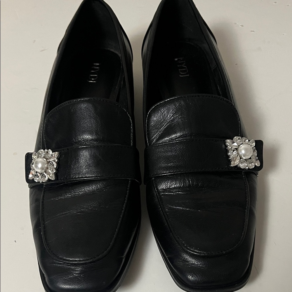 NYDJ Black Leather Loafers with Pearl Detail size 9